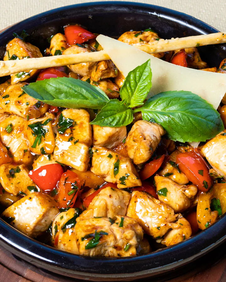 A hot pan of chicken and vegetables